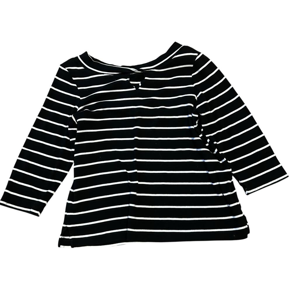 CHICO'S 2 LG Black White Stripe Knots Nautical Print Knit Top Preppy Casual